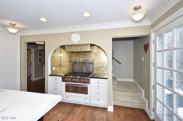 kitchen with dark wood-style floors, a warming drawer, backsplash, ornamental molding, and white cabinets