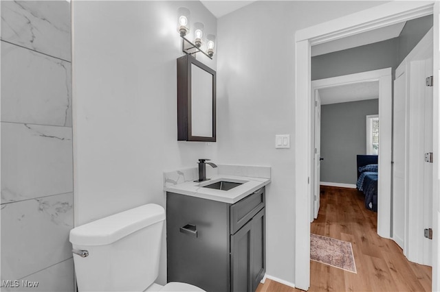 bathroom with toilet, wood finished floors, and vanity