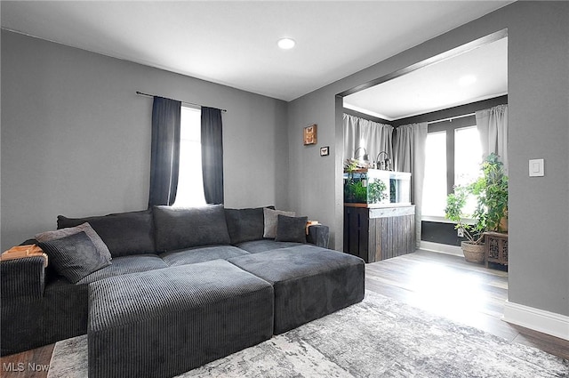 living room with wood finished floors and baseboards