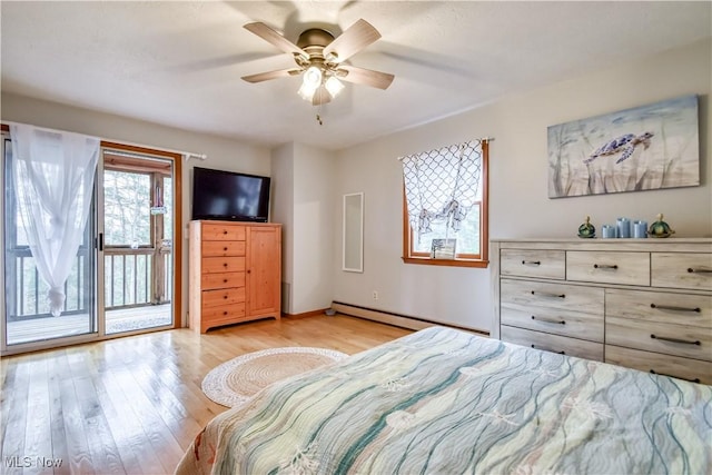 bedroom featuring access to outside, a baseboard heating unit, light wood-style flooring, and a ceiling fan