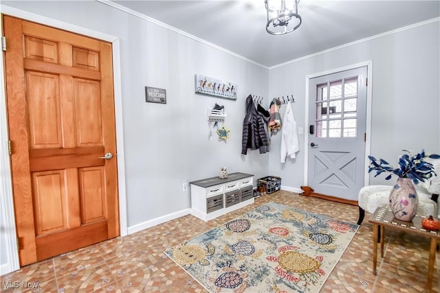 mudroom with ornamental molding and baseboards