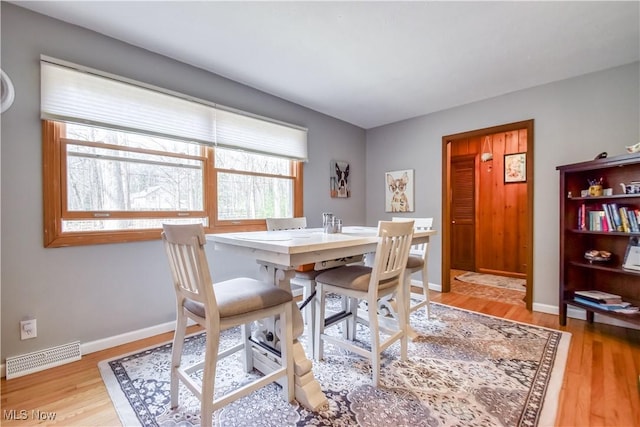 dining room featuring visible vents, baseboards, and wood finished floors