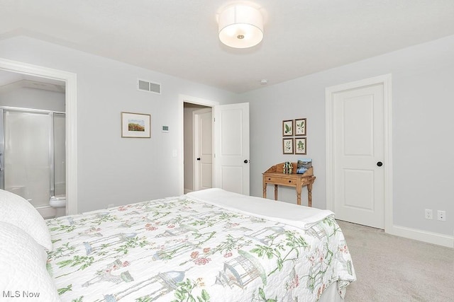 bedroom with light carpet, visible vents, and baseboards