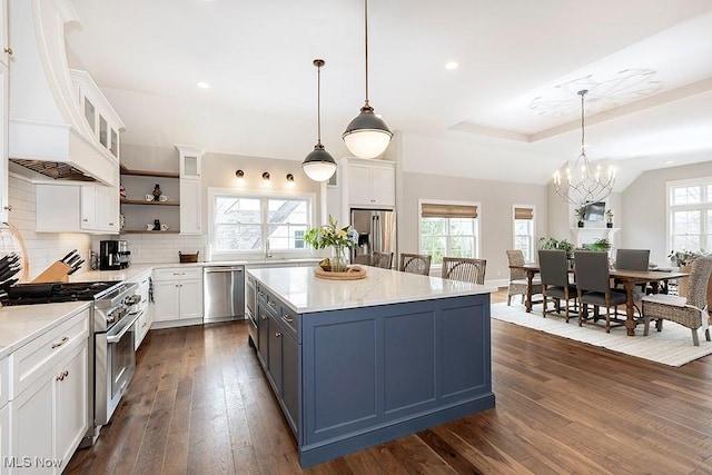 kitchen with dark wood-style floors, white cabinetry, custom range hood, and appliances with stainless steel finishes