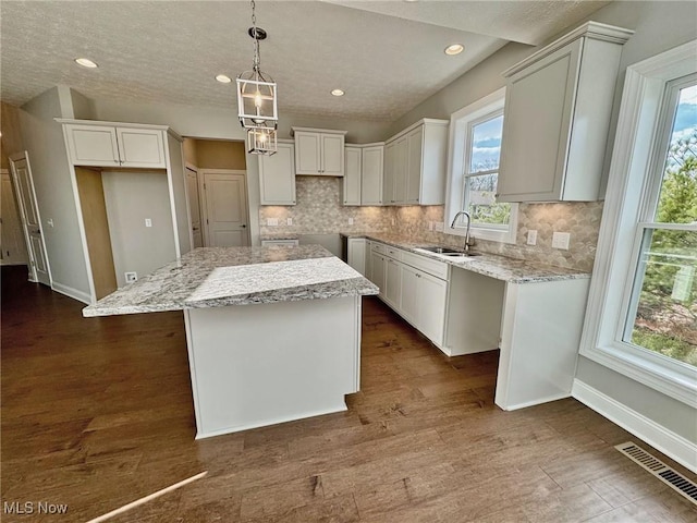 kitchen featuring dark wood-type flooring, a kitchen island, a sink, and visible vents