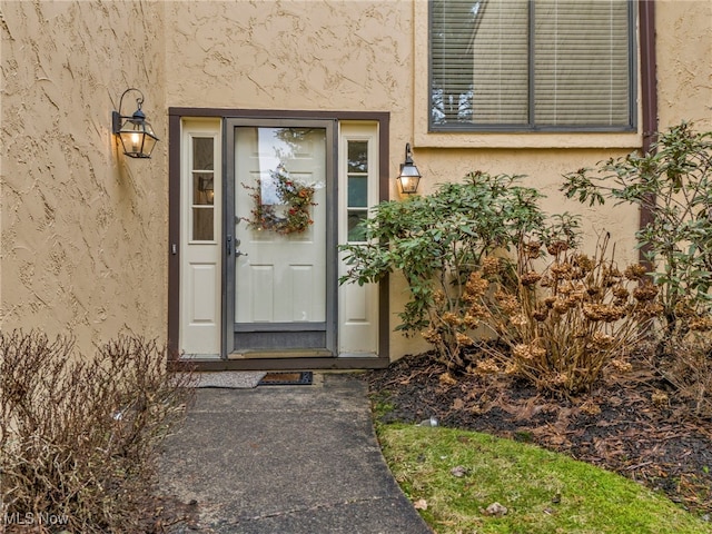 doorway to property featuring stucco siding