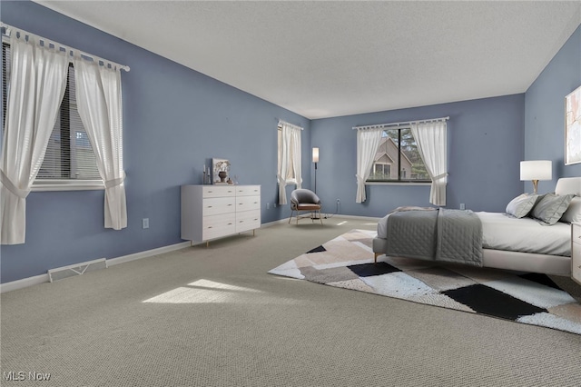 bedroom featuring visible vents, a textured ceiling, baseboards, and carpet