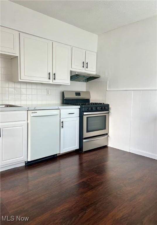 kitchen featuring dishwasher, white cabinetry, stainless steel range with gas stovetop, and under cabinet range hood