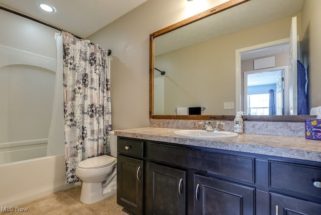 full bath featuring vanity, toilet, and shower / bathtub combination with curtain