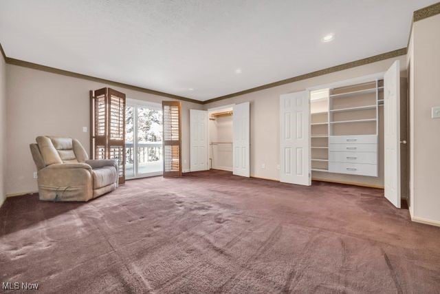 unfurnished room with baseboards, ornamental molding, carpet flooring, and recessed lighting