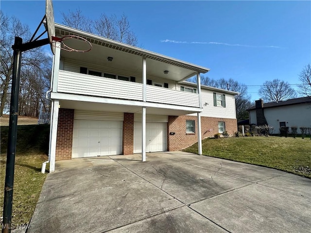 exterior space featuring a balcony, concrete driveway, a lawn, and brick siding