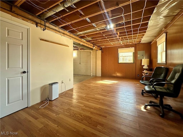 interior space featuring wood finished floors and electric panel