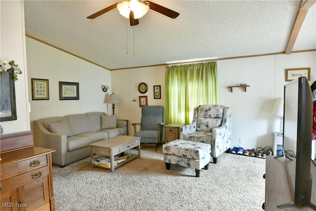 living room featuring vaulted ceiling, ornamental molding, a textured ceiling, and light colored carpet