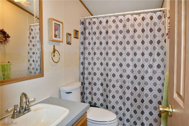 bathroom featuring curtained shower, vanity, and toilet