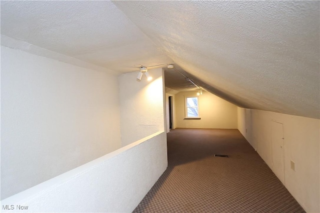 additional living space with vaulted ceiling, a textured ceiling, carpet, and visible vents