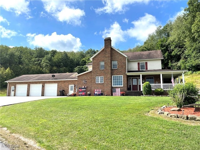 view of front of home featuring an attached garage, covered porch, driveway, a chimney, and a front yard