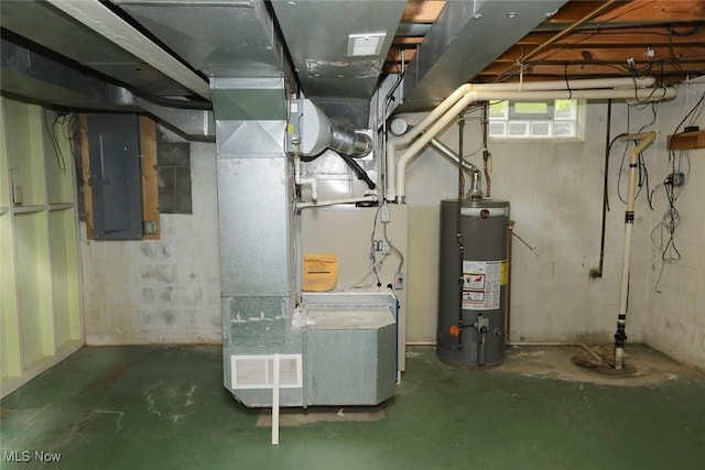 utilities with electric panel, heating unit, and water heater