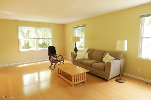 living area featuring baseboards, a wealth of natural light, and wood finished floors