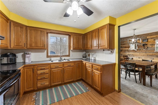 kitchen featuring light wood-style floors, range with electric stovetop, a sink, and brown cabinets