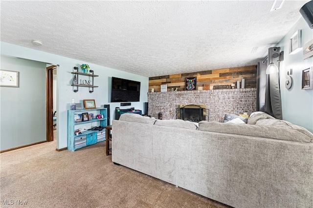 carpeted living area featuring a brick fireplace, baseboards, wooden walls, and a textured ceiling