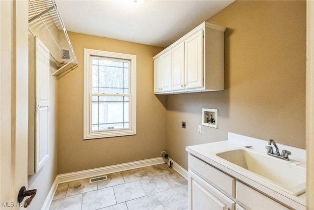 laundry room featuring washer hookup, cabinet space, visible vents, hookup for an electric dryer, and a sink