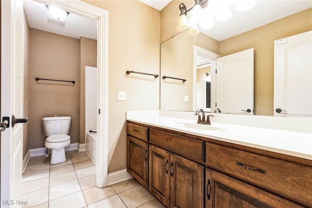 full bath with toilet, vanity, baseboards, and tile patterned floors