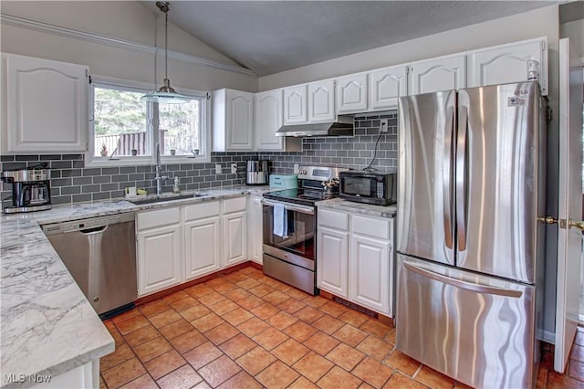 kitchen featuring tasteful backsplash, appliances with stainless steel finishes, a sink, and under cabinet range hood