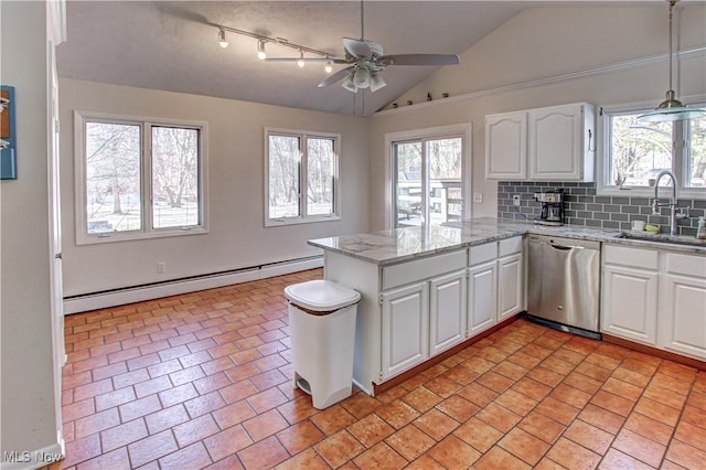 kitchen with tasteful backsplash, a baseboard radiator, a peninsula, stainless steel dishwasher, and a sink