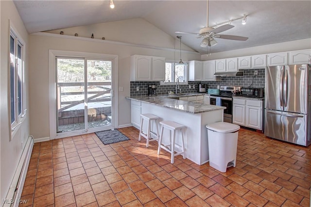 kitchen featuring stainless steel appliances, white cabinetry, a peninsula, and baseboard heating