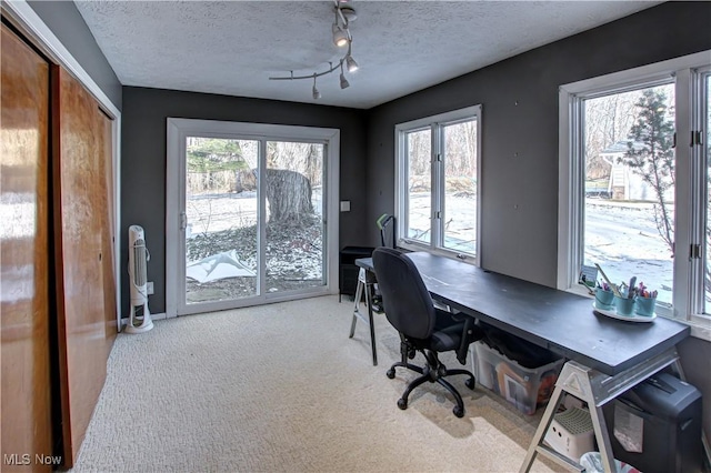 home office featuring carpet floors, french doors, plenty of natural light, and a textured ceiling