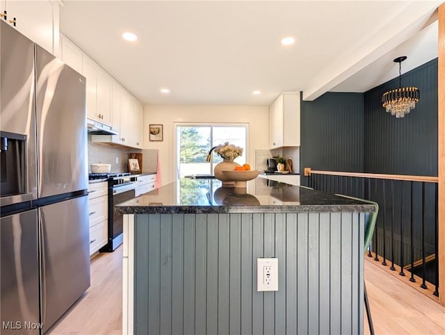 kitchen featuring light wood finished floors, a sink, white cabinets, under cabinet range hood, and appliances with stainless steel finishes