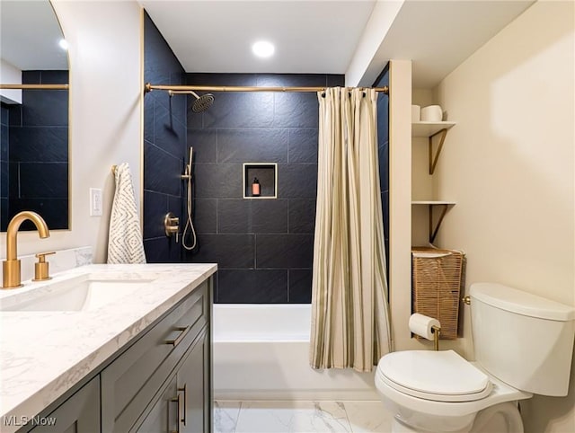 full bathroom with vanity, shower / bath combo with shower curtain, toilet, and marble finish floor