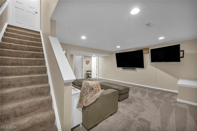 living area featuring recessed lighting, carpet floors, visible vents, baseboards, and stairway