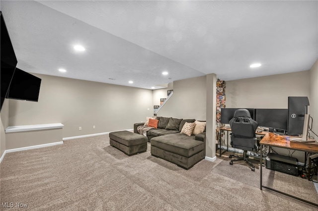 carpeted living area featuring recessed lighting, baseboards, and stairs