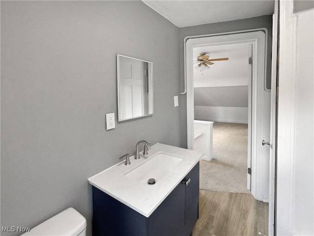 bathroom with toilet, wood finished floors, vanity, and a ceiling fan