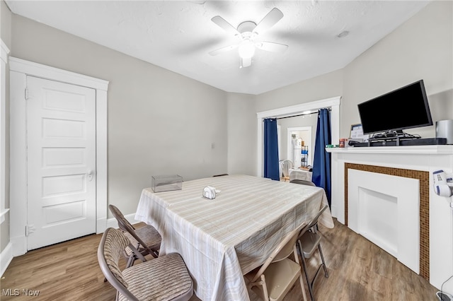 dining space featuring light wood-style floors and a ceiling fan