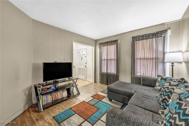 living area featuring wood finished floors and baseboards