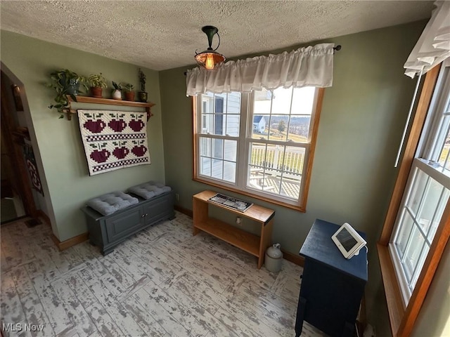 living area featuring baseboards and a textured ceiling