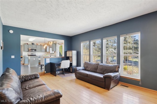 living room with a textured ceiling, visible vents, and light wood-style floors