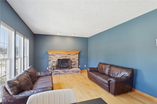 living room with a fireplace, wood finished floors, and baseboards