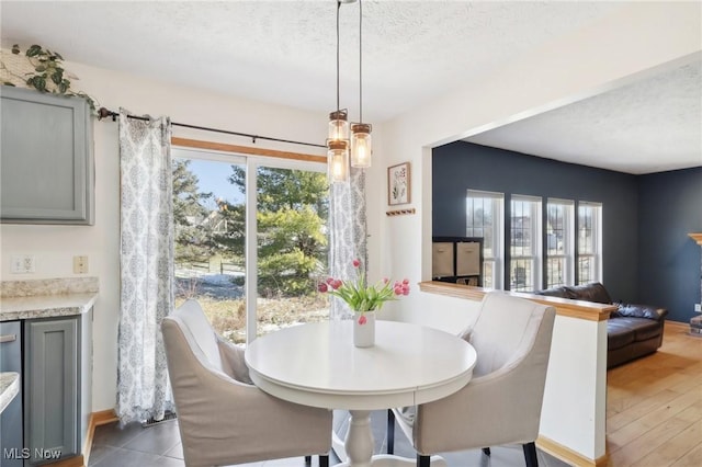 dining space featuring a wealth of natural light, a textured ceiling, and wood finished floors