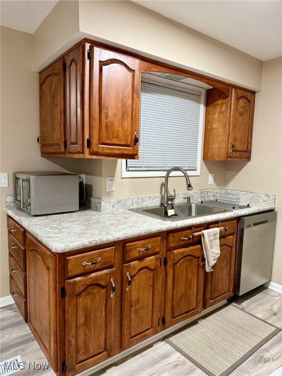 kitchen featuring brown cabinets, a sink, and stainless steel dishwasher