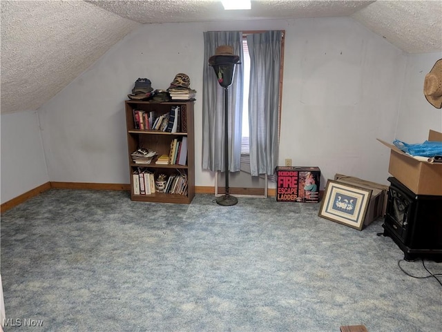 additional living space with carpet floors, vaulted ceiling, a textured ceiling, and baseboards