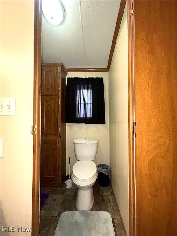 bathroom featuring ornamental molding and toilet