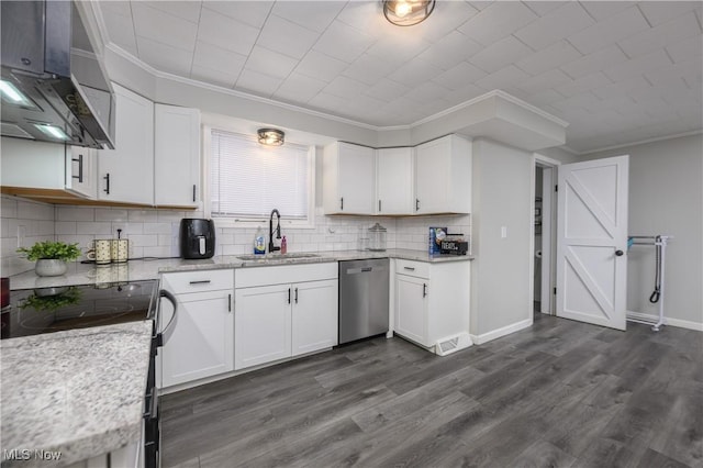 kitchen with crown molding, white cabinets, a sink, and stainless steel dishwasher