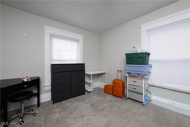 home office with carpet floors and baseboards