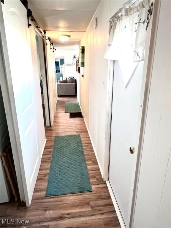 hall featuring wood finished floors and a barn door