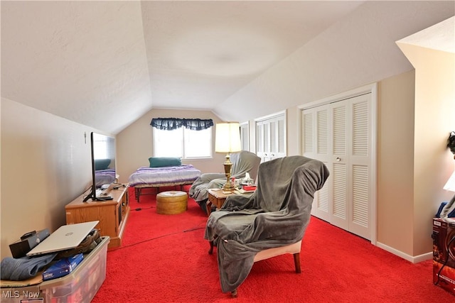 bedroom with multiple closets, carpet, vaulted ceiling, and baseboards