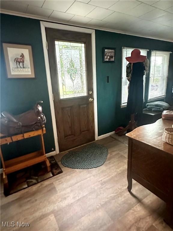 foyer entrance featuring baseboards, wood finished floors, and crown molding