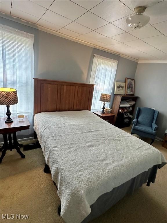 carpeted bedroom featuring ornamental molding